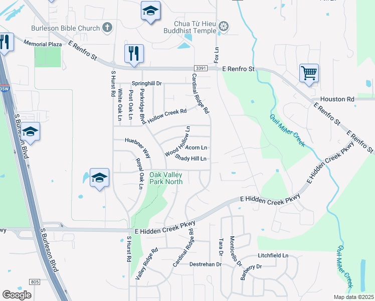 map of restaurants, bars, coffee shops, grocery stores, and more near 1040 Shady Hill Lane in Burleson
