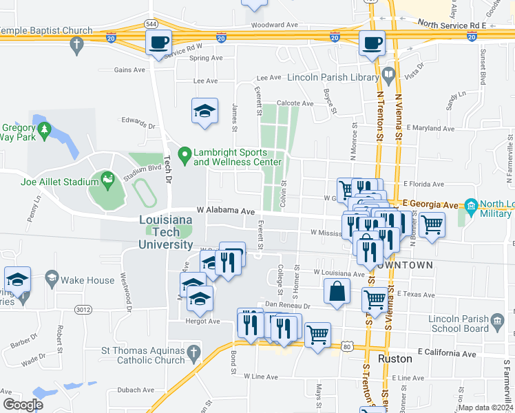 map of restaurants, bars, coffee shops, grocery stores, and more near 204 Everett Street in Ruston