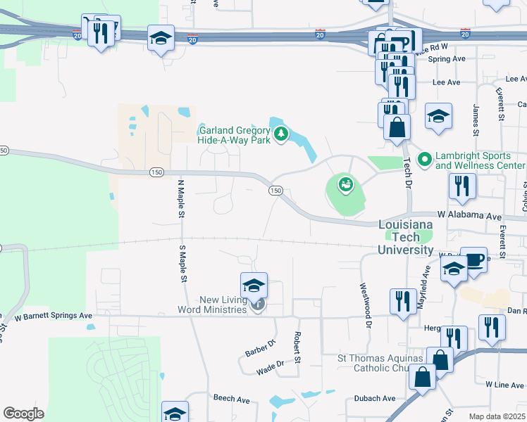 map of restaurants, bars, coffee shops, grocery stores, and more near 105 Turner Street in Ruston