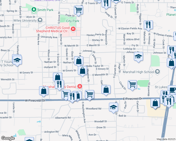 map of restaurants, bars, coffee shops, grocery stores, and more near 1600 Meadow Street in Marshall