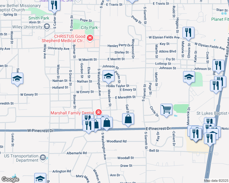 map of restaurants, bars, coffee shops, grocery stores, and more near 1600 Meadow Street in Marshall
