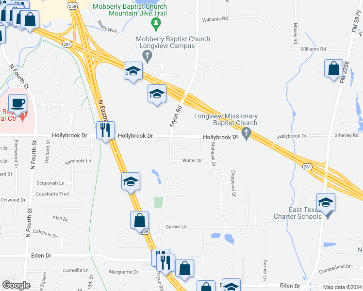 map of restaurants, bars, coffee shops, grocery stores, and more near 1416 Skogee Circle in Longview