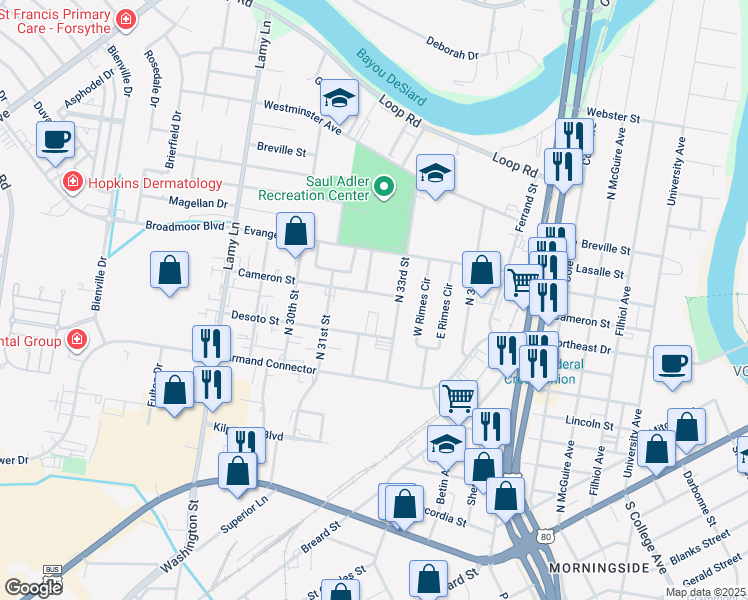 map of restaurants, bars, coffee shops, grocery stores, and more near 909 North 33rd Street in Monroe