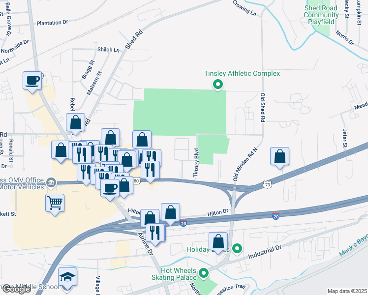 map of restaurants, bars, coffee shops, grocery stores, and more near 3325 East Texas Street in Bossier City