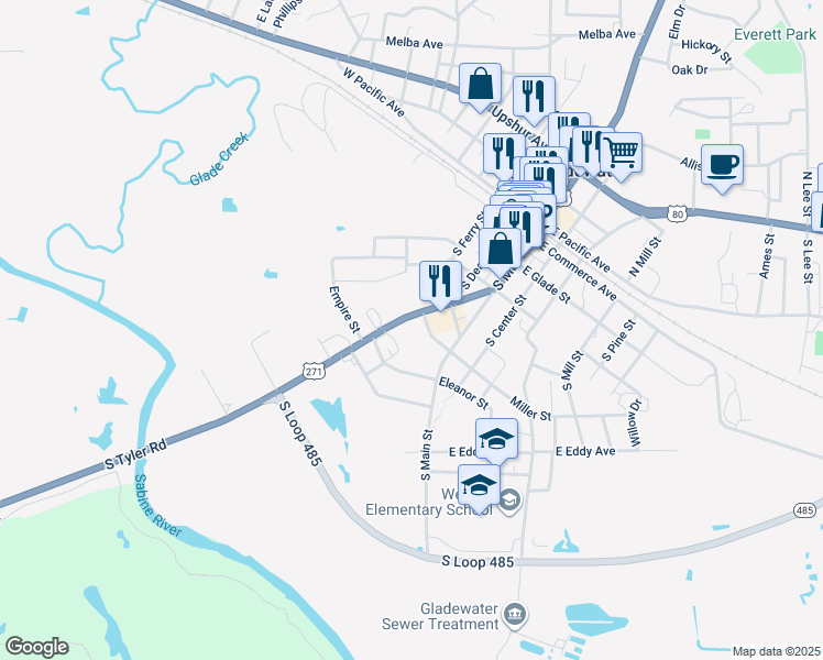 map of restaurants, bars, coffee shops, grocery stores, and more near 498 South Tyler Street in Gladewater