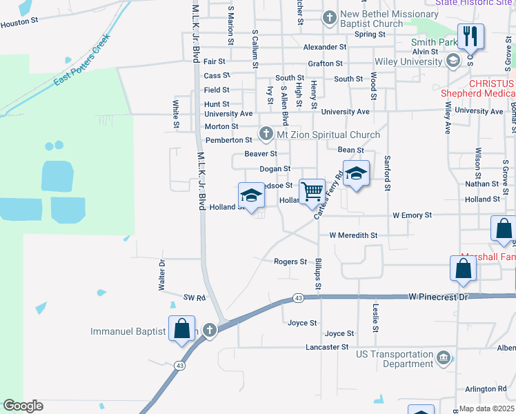 map of restaurants, bars, coffee shops, grocery stores, and more near 2302 Holland Street in Marshall