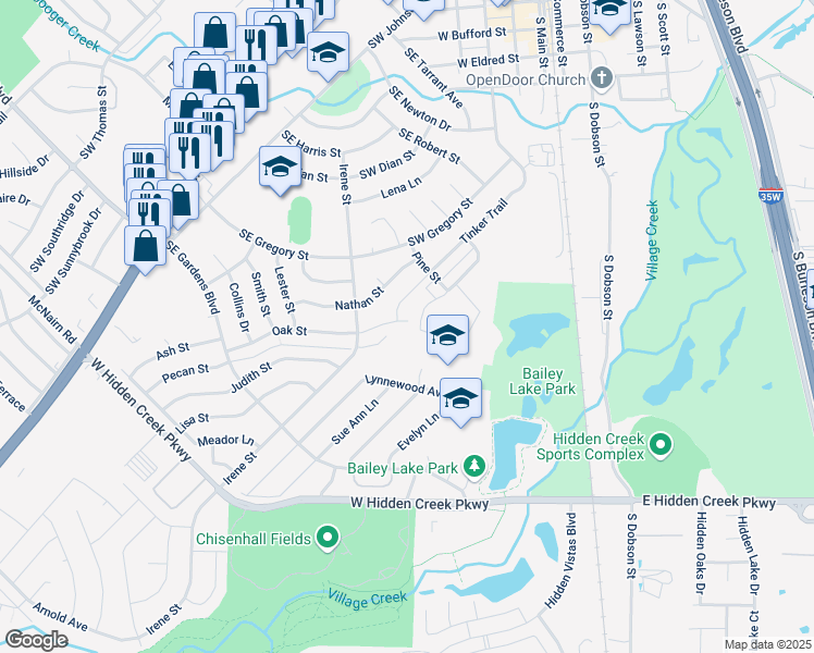 map of restaurants, bars, coffee shops, grocery stores, and more near 421 Tinker Trail in Burleson