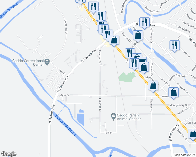 map of restaurants, bars, coffee shops, grocery stores, and more near 1105 Fullerton Street in Shreveport