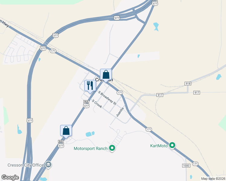 map of restaurants, bars, coffee shops, grocery stores, and more near 14421 Texas 171 in Cresson