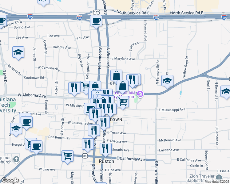 map of restaurants, bars, coffee shops, grocery stores, and more near 401 North Bonner Street in Ruston