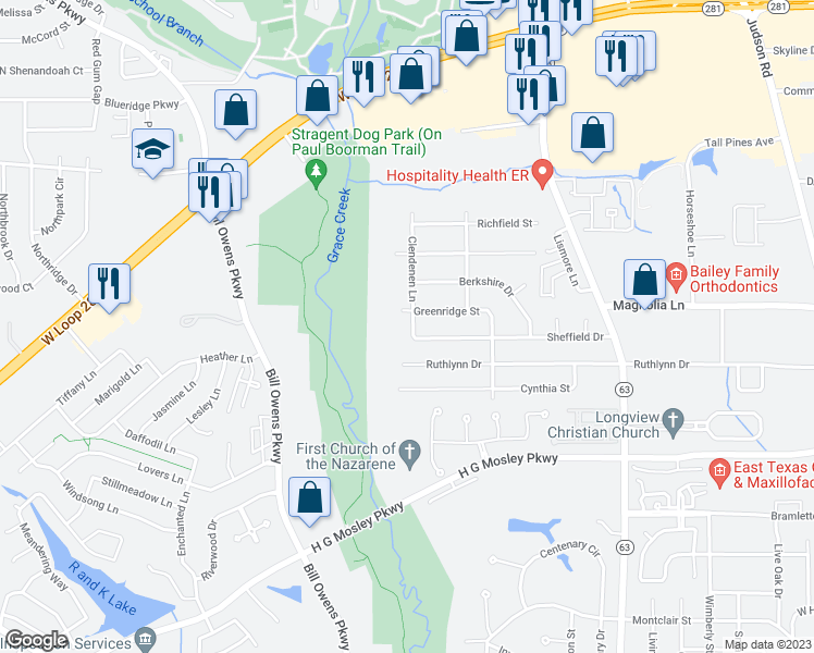 map of restaurants, bars, coffee shops, grocery stores, and more near 2703 Clendenen Lane in Longview