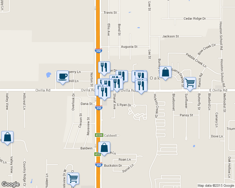 map of restaurants, bars, coffee shops, grocery stores, and more near 109 Harris Avenue in Red Oak
