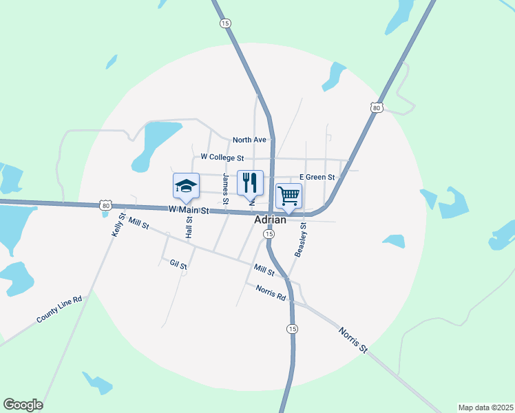 map of restaurants, bars, coffee shops, grocery stores, and more near 211 Nora Boulevard in Adrian