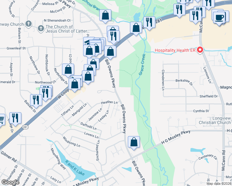 map of restaurants, bars, coffee shops, grocery stores, and more near 2304 Bill Owens Parkway in Longview