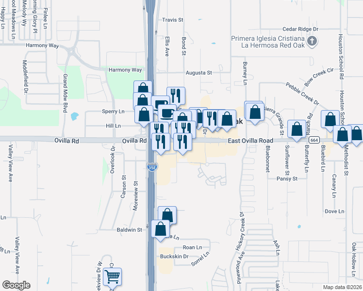map of restaurants, bars, coffee shops, grocery stores, and more near 109 Harris Avenue in Red Oak
