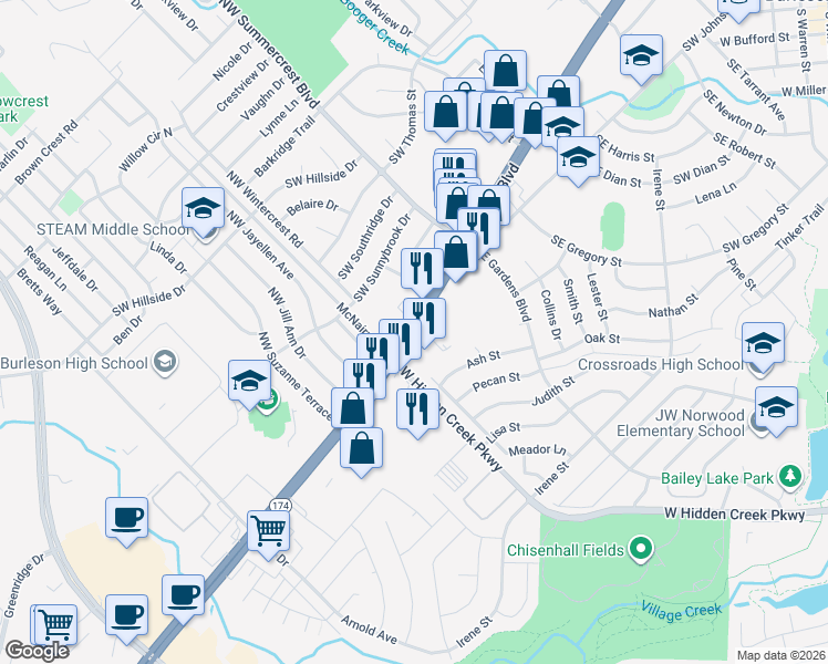 map of restaurants, bars, coffee shops, grocery stores, and more near 801 Southwest Wilshire Boulevard in Burleson