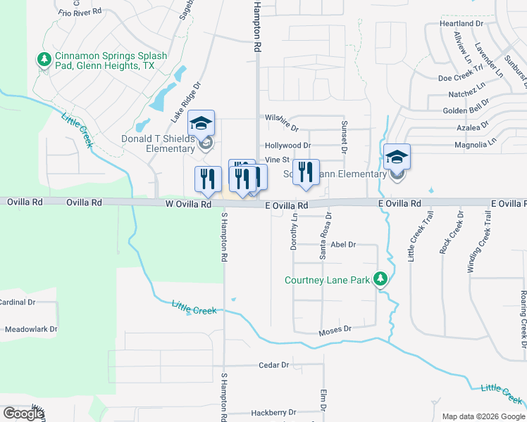 map of restaurants, bars, coffee shops, grocery stores, and more near 101 East Ovilla Road in Glenn Heights