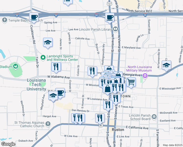 map of restaurants, bars, coffee shops, grocery stores, and more near 309 Minden Street in Ruston