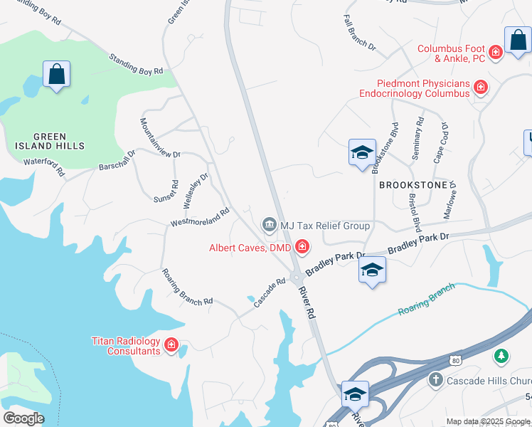 map of restaurants, bars, coffee shops, grocery stores, and more near 6101 River Road in Columbus