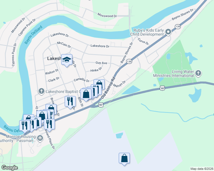 map of restaurants, bars, coffee shops, grocery stores, and more near 104 McCoy St in Monroe