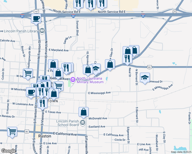 map of restaurants, bars, coffee shops, grocery stores, and more near in Ruston