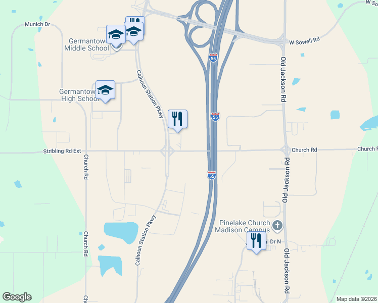 map of restaurants, bars, coffee shops, grocery stores, and more near 389-407 Church Road in Madison