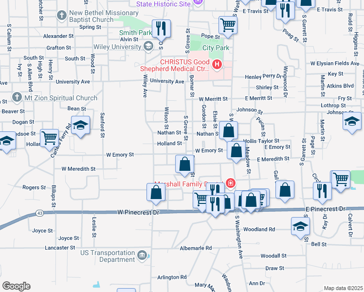 map of restaurants, bars, coffee shops, grocery stores, and more near 505 Holland Street in Marshall