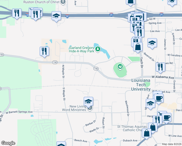 map of restaurants, bars, coffee shops, grocery stores, and more near 1815 West Alabama Avenue in Ruston