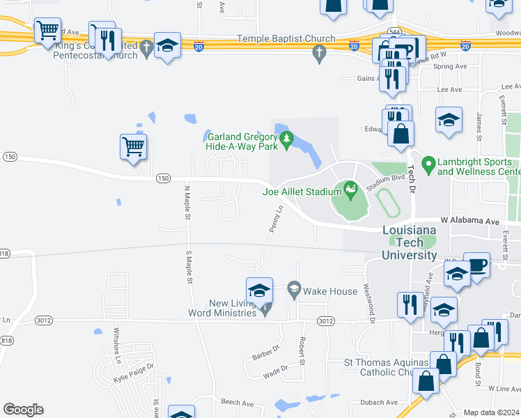 map of restaurants, bars, coffee shops, grocery stores, and more near 1815 West Alabama Avenue in Ruston