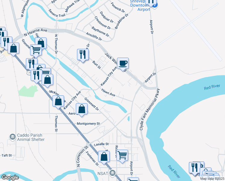 map of restaurants, bars, coffee shops, grocery stores, and more near 1060 Hawn Avenue in Shreveport