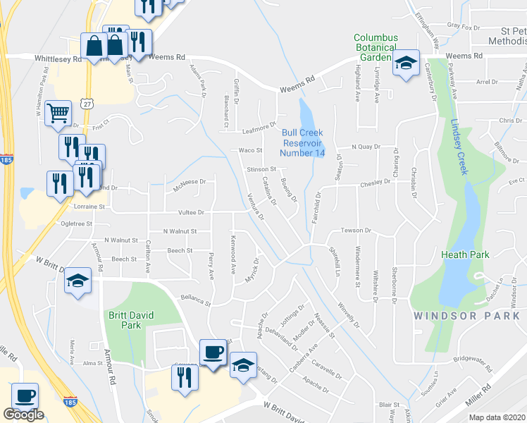 map of restaurants, bars, coffee shops, grocery stores, and more near 5828 Ventura Drive in Columbus