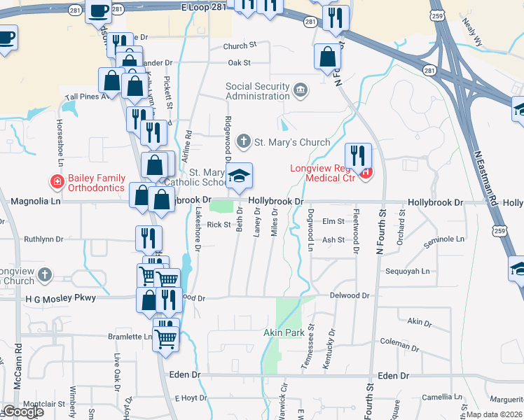 map of restaurants, bars, coffee shops, grocery stores, and more near 1904 Laney Street in Longview