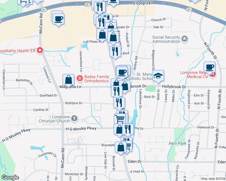 map of restaurants, bars, coffee shops, grocery stores, and more near in Longview
