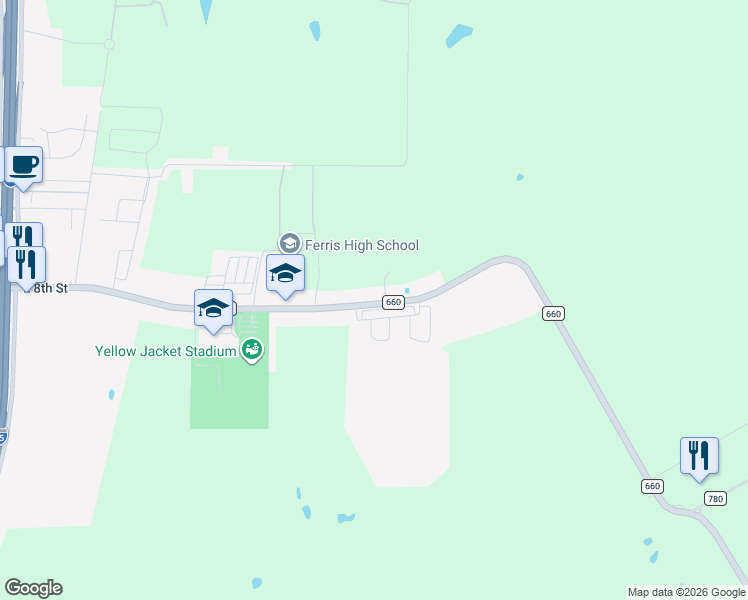 map of restaurants, bars, coffee shops, grocery stores, and more near 1509 FM 664 in Ferris