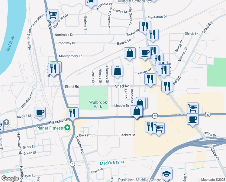 map of restaurants, bars, coffee shops, grocery stores, and more near 1116 Clarence Street in Bossier City