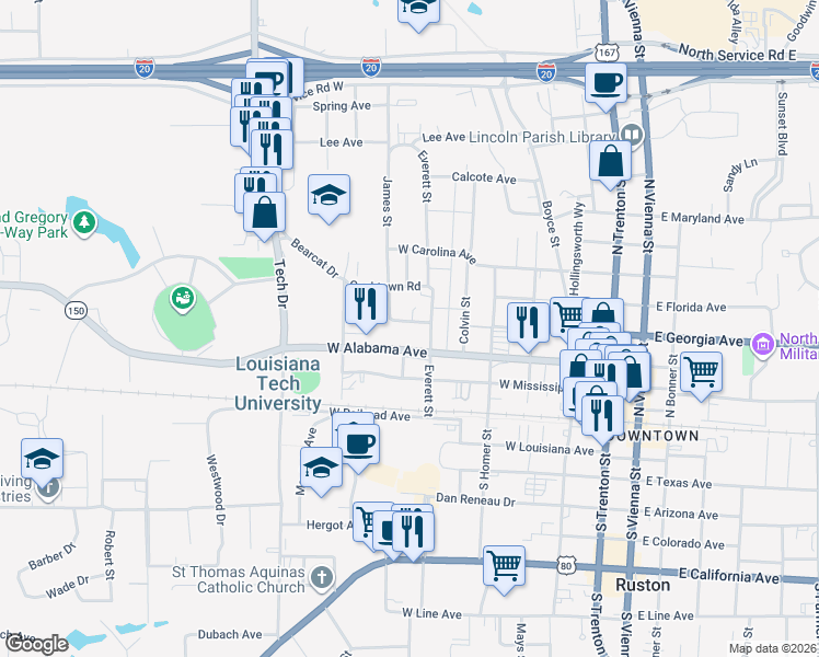 map of restaurants, bars, coffee shops, grocery stores, and more near 716 West Georgia Avenue in Ruston