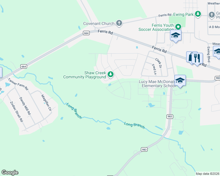map of restaurants, bars, coffee shops, grocery stores, and more near 314 Jennie Marie Circle in Ferris