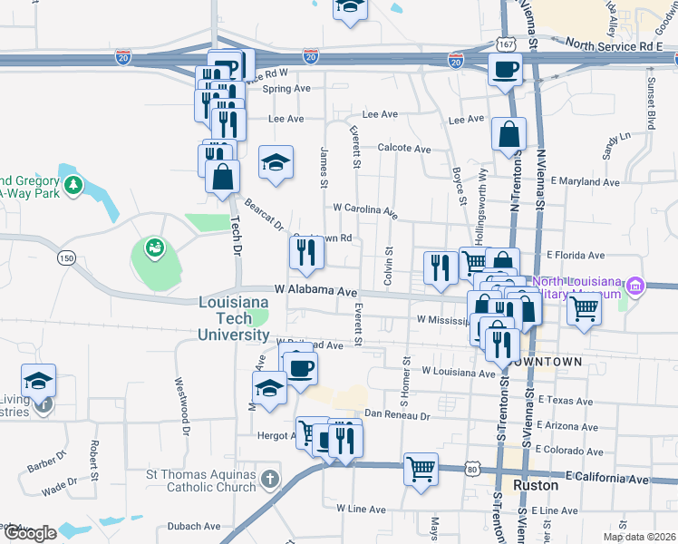 map of restaurants, bars, coffee shops, grocery stores, and more near 716 West Georgia Avenue in Ruston