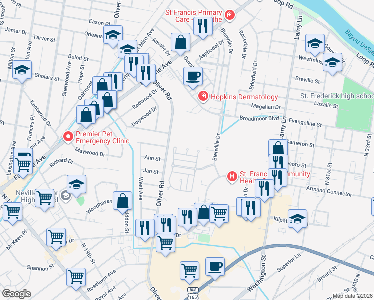 map of restaurants, bars, coffee shops, grocery stores, and more near 1799 Chartres Circle in Monroe