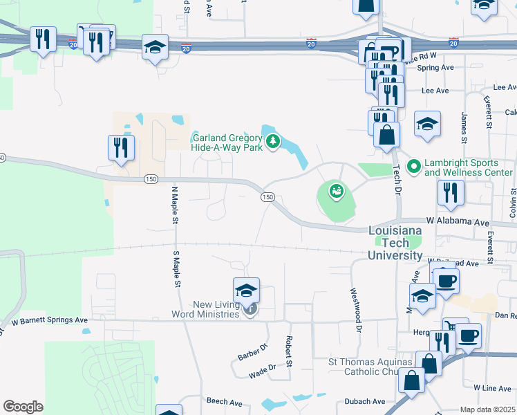 map of restaurants, bars, coffee shops, grocery stores, and more near 1815 West Alabama Avenue in Ruston