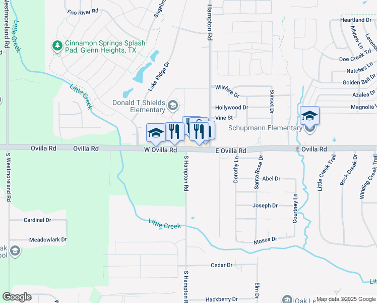 map of restaurants, bars, coffee shops, grocery stores, and more near 121 West Ovilla Road in Glenn Heights
