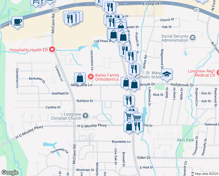 map of restaurants, bars, coffee shops, grocery stores, and more near 202 Magnolia Lane in Longview