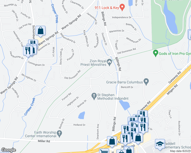 map of restaurants, bars, coffee shops, grocery stores, and more near 5015 Willowbrook Drive in Columbus