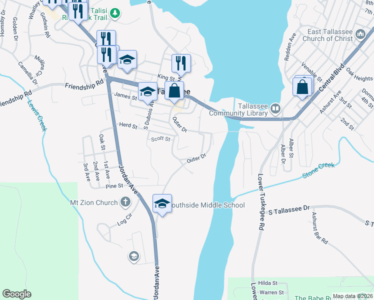 map of restaurants, bars, coffee shops, grocery stores, and more near 298 Cliff Street in Tallassee