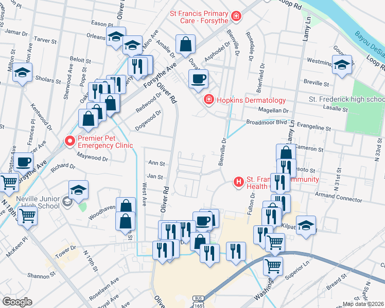 map of restaurants, bars, coffee shops, grocery stores, and more near 1799 Chartres Circle in Monroe