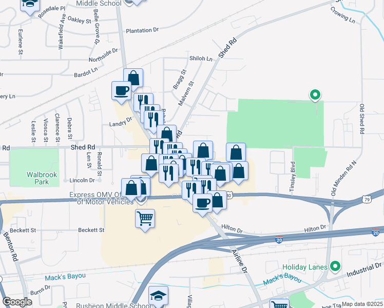 map of restaurants, bars, coffee shops, grocery stores, and more near 2899 Misty Lane in Bossier City