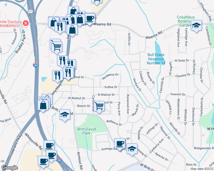 map of restaurants, bars, coffee shops, grocery stores, and more near 2919 Vultee Drive in Columbus