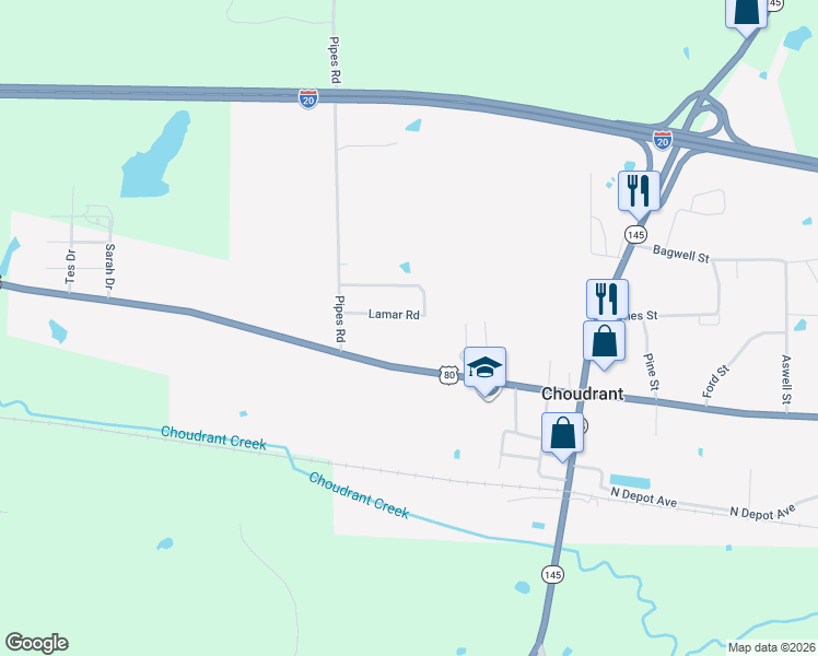 map of restaurants, bars, coffee shops, grocery stores, and more near 195 Lamar Road in Choudrant