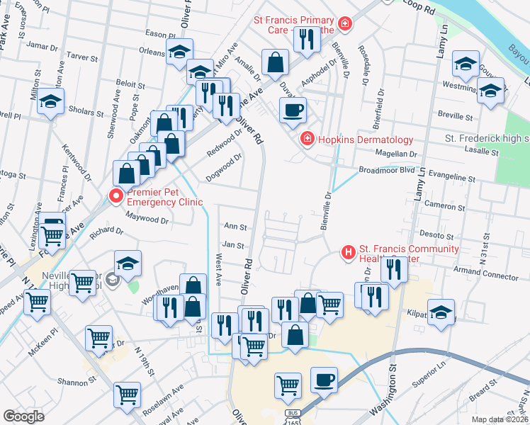 map of restaurants, bars, coffee shops, grocery stores, and more near 2001-2099 Oliver Rd in Monroe