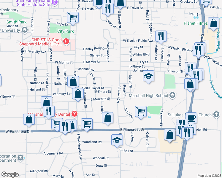 map of restaurants, bars, coffee shops, grocery stores, and more near 1500 Wingwood Drive in Marshall